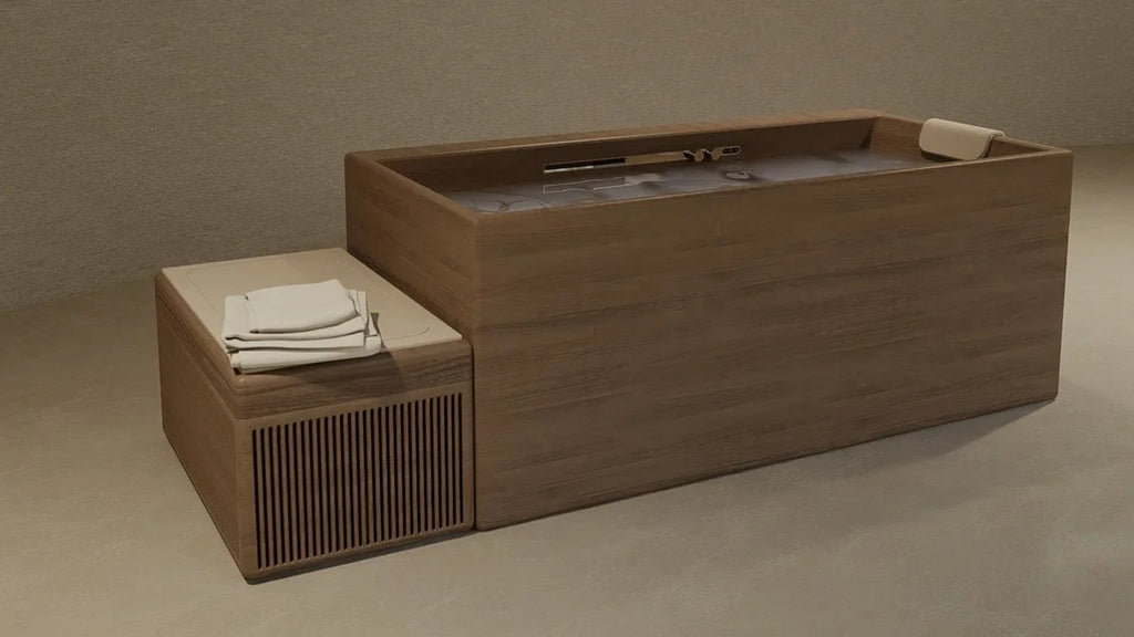 Rectangular wood-grain soaking tub with open top beside a matching slatted box with towels