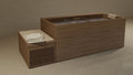 Rectangular wood-grain soaking tub with open top beside a matching slatted box with towels