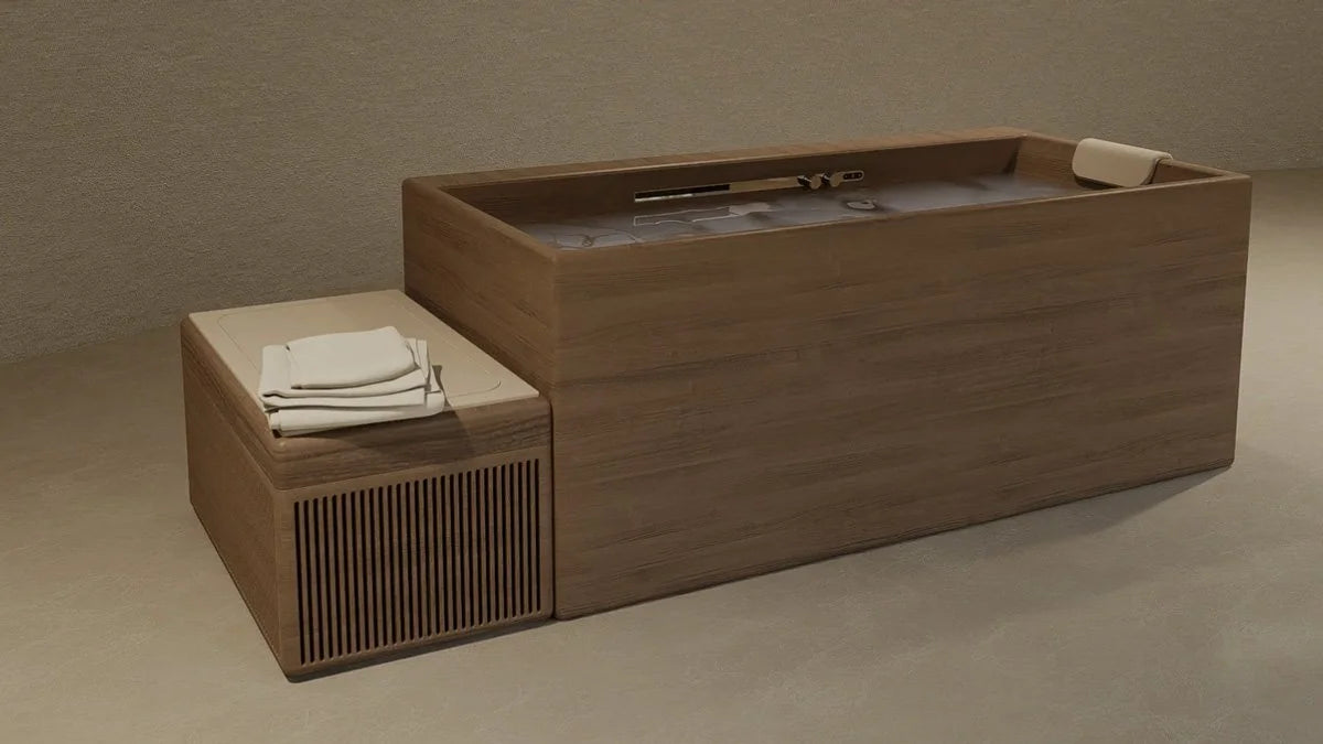Rectangular wood-grain soaking tub with open top beside a matching slatted box with towels