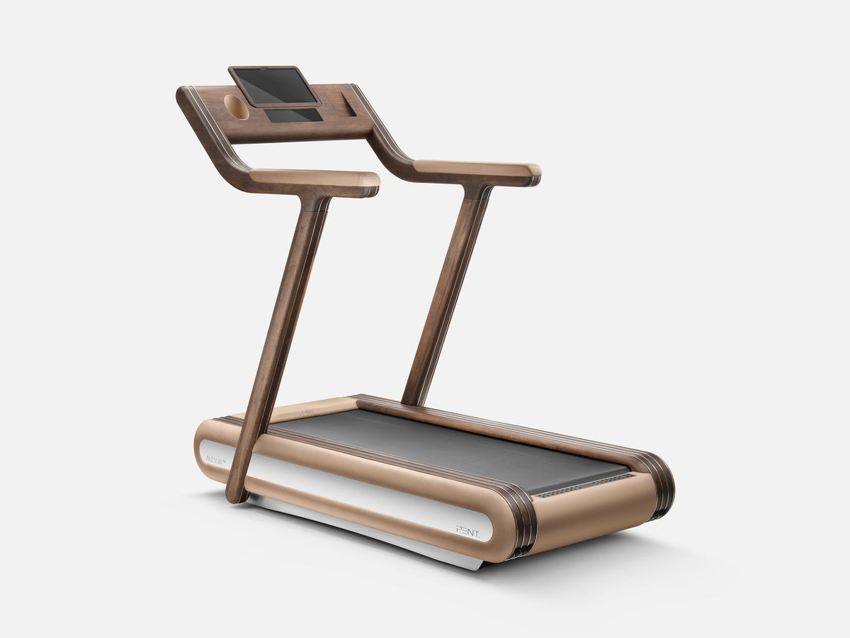 Motorized treadmill with wood-tone frame, cream padded rails and black belt, studio shot
