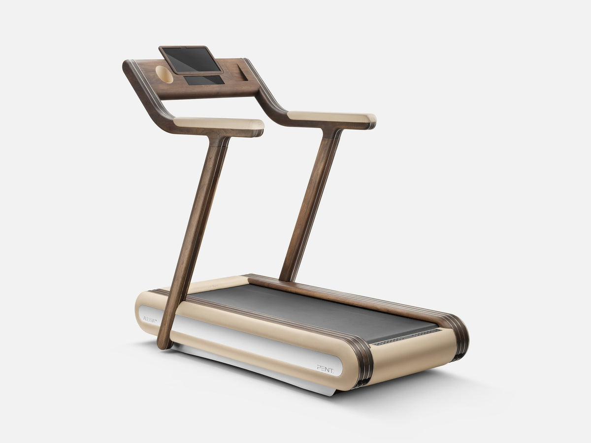 Treadmill with dark wood-grain frame and cream accents shown at an angle on light gray