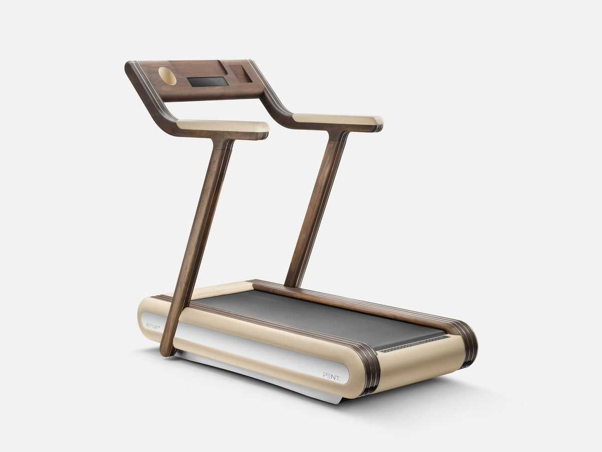 Studio view of the treadmill showing its wood-tone frame, black belt and display console