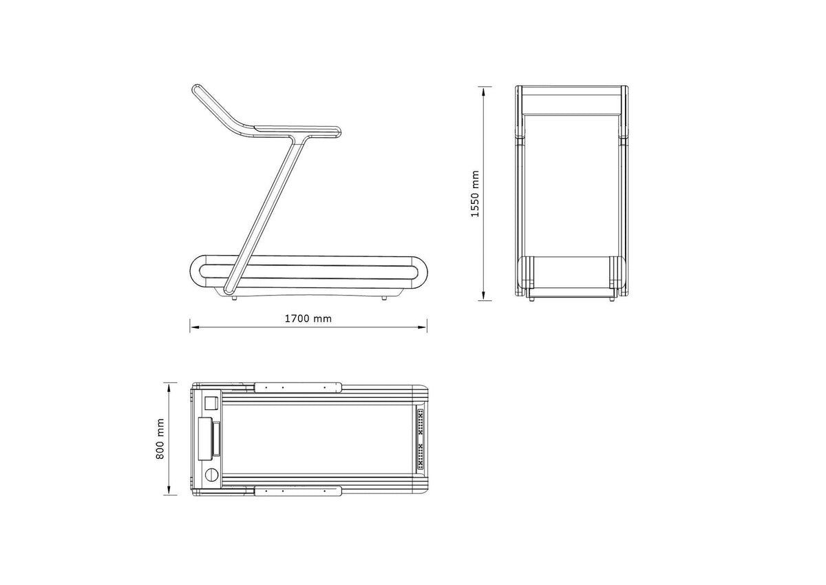 Technical line drawing of the treadmill marking 1700 mm length, 1550 mm height, 800 mm width