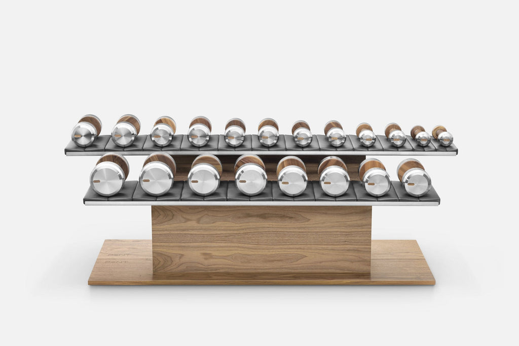 Two-tier rack holding rows of dumbbells with silver ends and wood-tone handles, studio shot