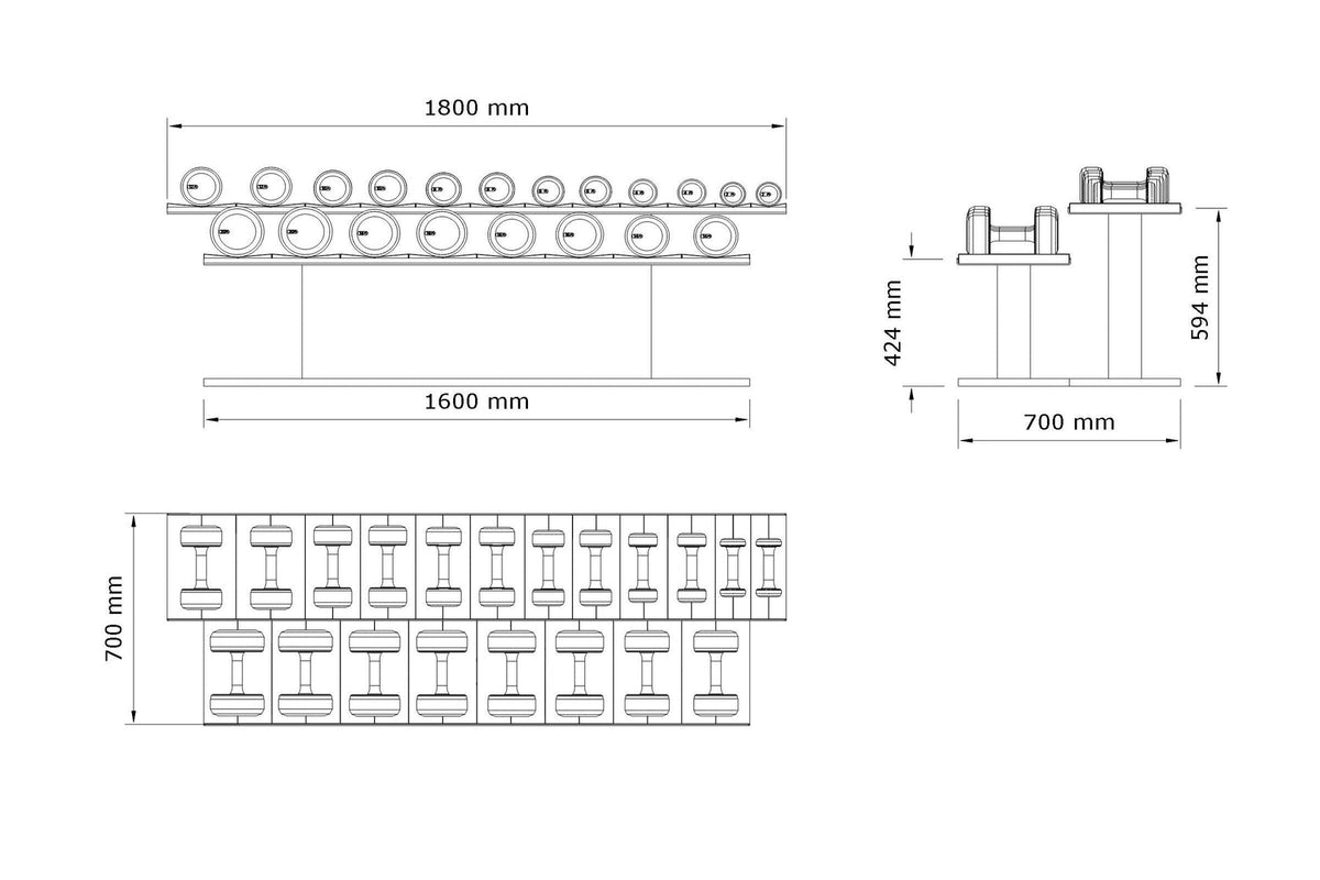 Technical line drawing of the dumbbell rack marking 1800, 1600, 700, 424 and 594 mm dimensions