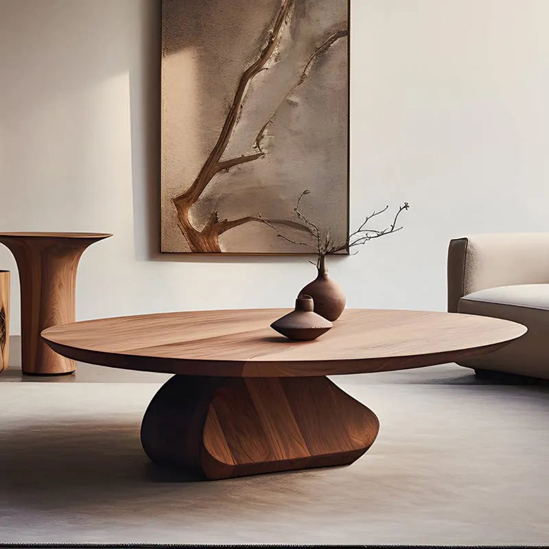 Walnut Round Coffee Table | Sculptural Designer Center Table