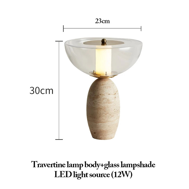 Dimensioned spec view of the lamp with glass shade, 23 cm wide and 30 cm high