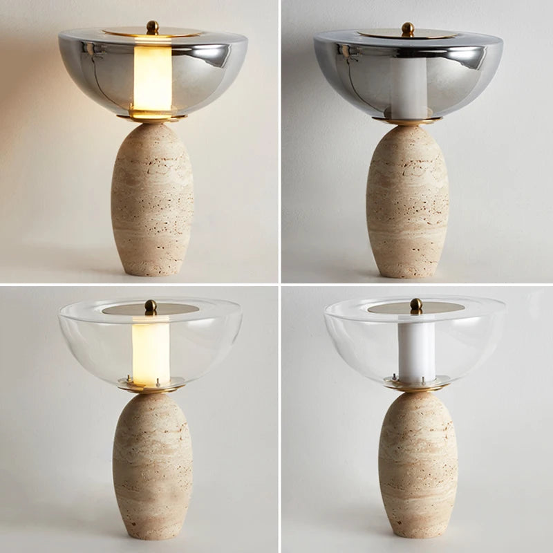 Four-version collage of the lamp in silver and clear finishes with gold or dark centers