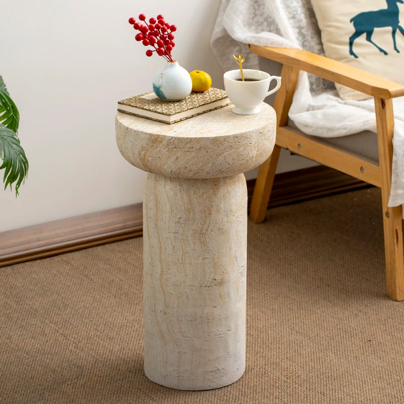 Wabi-Sabi Travertine Pedestal Side Table | Sculptural Accent Table
