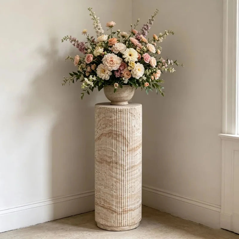 Travertine Pedestal Plant Stand | Luxury Sculptural Display Stand