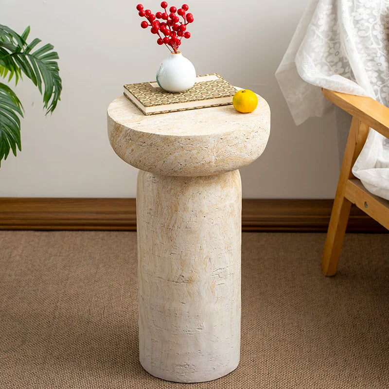 Wabi-Sabi Travertine Pedestal Side Table | Sculptural Accent Table