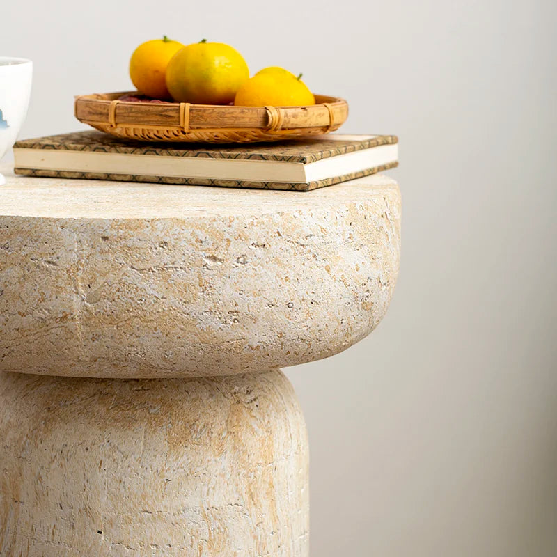 Wabi-Sabi Travertine Pedestal Side Table | Sculptural Accent Table