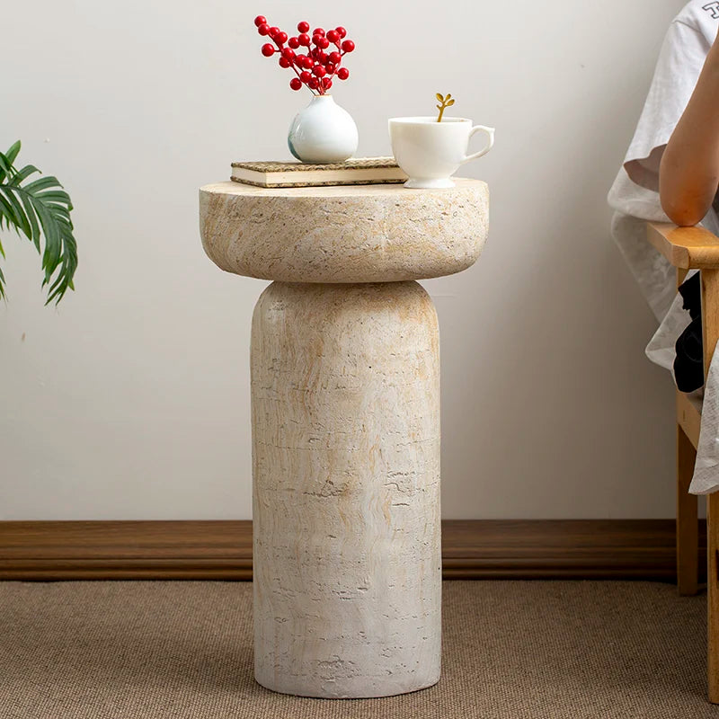 Wabi-Sabi Travertine Pedestal Side Table | Sculptural Accent Table