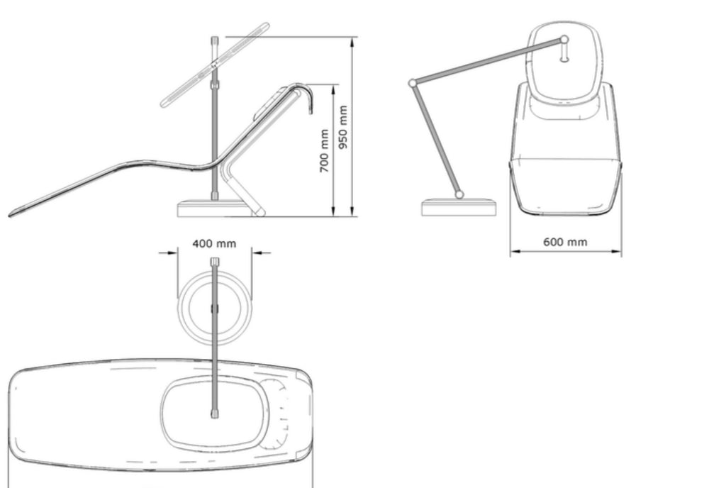 Technical line drawing of the lounge chair marking 700, 950, 400 and 600 mm dimensions