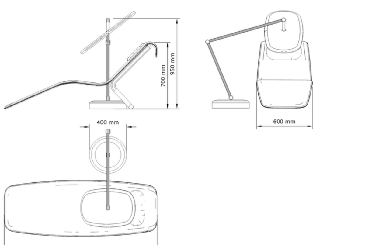 Technical line drawing of the lounge chair marking 700, 950, 400 and 600 mm dimensions