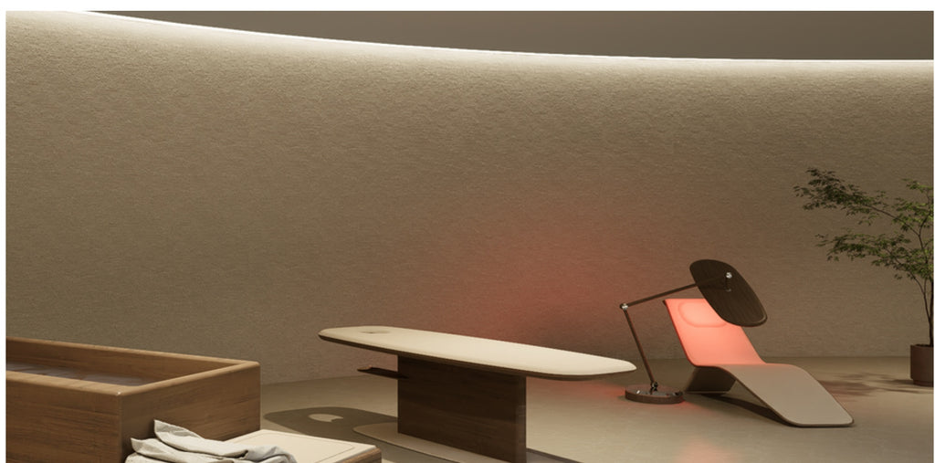 Wellness room with a reclining lounge chair, dark wood base, slim floor lamp and potted plant
