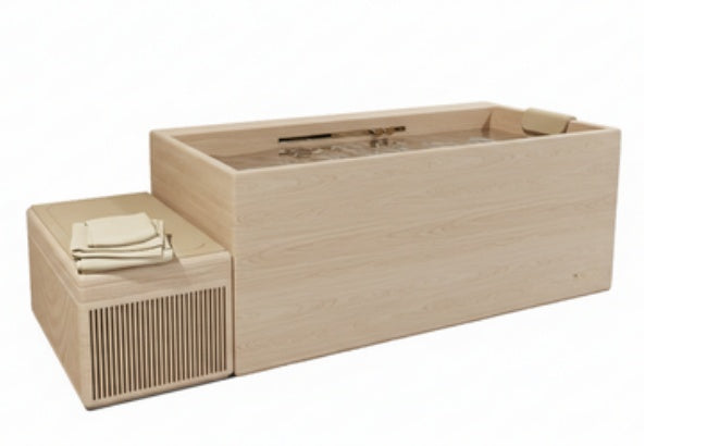 Light beige open-top tub with wood-grain texture beside a slatted box with folded towels