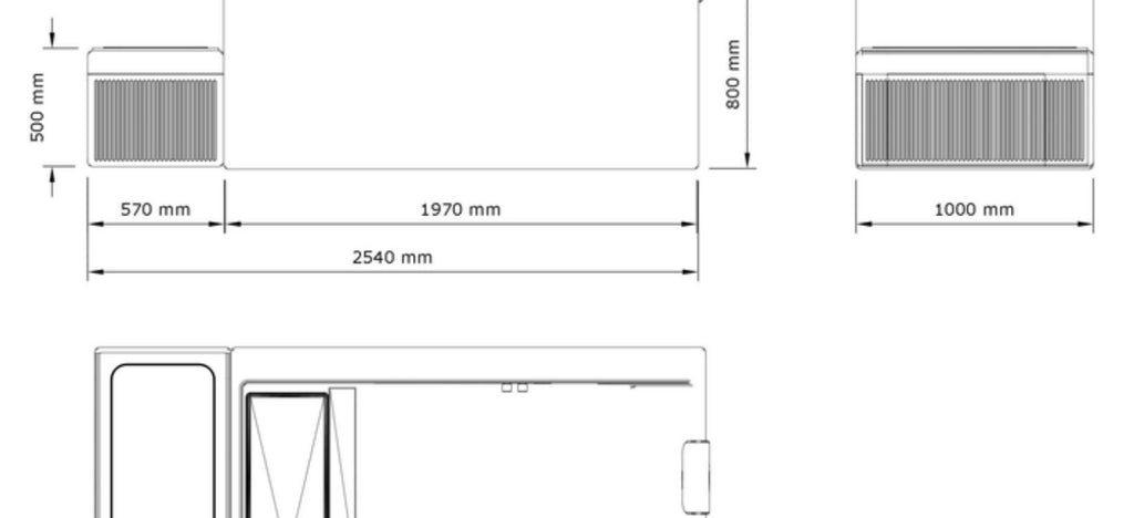 Grayscale technical diagram of a ribbed unit marking dimensions from 500 to 2540 mm